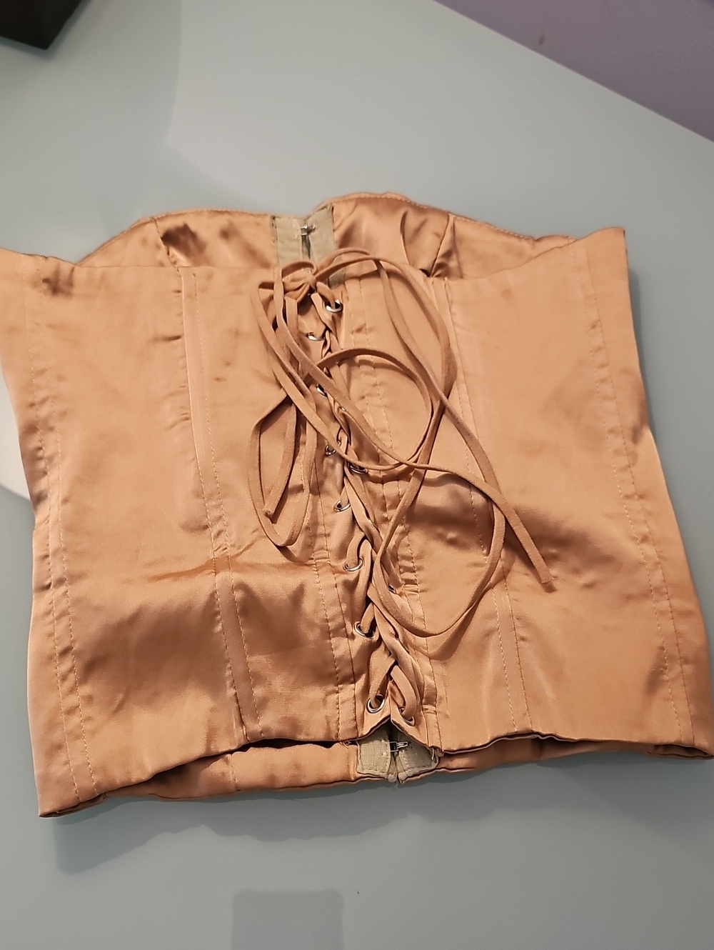 Edikted Satin Lace-Up Corset Crop Top in Peach